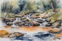 Salamandra salamandra watercolour painting in the stream and in the woods
