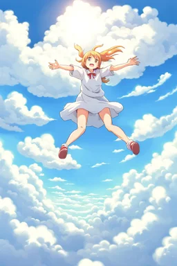 Girl falls from the sky among the clouds. Anime style