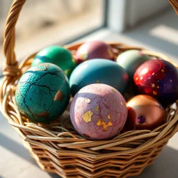 digital photograph of off-center modern basket colorful Easter eggs. eggs display intricate textures in azure, emerald, blush, crimson, sapphire, and gilded metallic hues. cinematic HDR backlighting highlights subtle dimples and glossy reflections, with shallow depth of field softening the sunlit background. hyperrealistic 8k resolution,