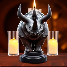 bust of rhino, ancient, magic,on dark wooden table with drinking glass,compass,brilliance, candle