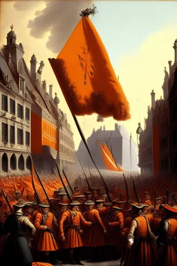 Army of soldiers from the 1700s putting a orange flag in the middle of a city