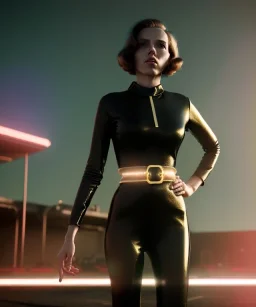 retro sci-fi portrait image from 1960, supermarket parking explosion, young Scarlett Johansson, classic black tight lycra latex suit, gold bracelet and belt, soft color, highly detailed, unreal engine 5, ray tracing, RTX, lumen lighting, ultra detail, volumetric lighting, 3d, finely drawn, high definition, high resolution.