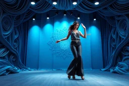 modern stage with gray-blue theme artistic decoration , color full dynamic lighting, a beautiful lady in pants and blouse with shining silver jewels dancing, 3D recursive fractal structure animating background