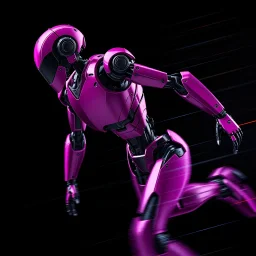 A hyper-realistic 3D Dynamic motion, intense jet black, pure black, deep shadows. A dazzling magenta droid mechanic, sleek metallic body, precise joints. Digital painting, futuristic robot, blurred lines, action poses