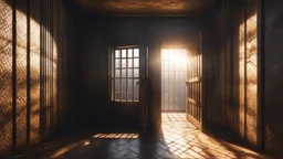 Inside a dark dismal prison cell but looking out through an open cell door into bright sunshine and freedom. Exquisite composition, beautiful detailed intricate detailed octane render, 8k artistic photography, photorealistic, perfect light, chiaroscuro, award-winning photograph, masterpiece