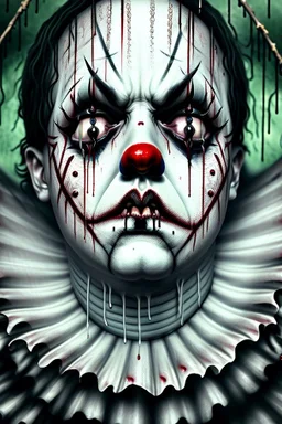 ultra detailed and highly realistic image of a gothic, scary clown, close up of him standing in the rain, the rain messed up his face makeup as it smudged of his face, chaotic, dramatic upclose view, 32k, splatter paint style