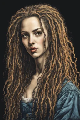 full body colored etching of a malevolent, predatory vampire girl with highly detailed dreadlock hair and facial features ,in the style of Rembrandt, Gian Lorenzo Bernini, and Johannes Vermeer, with a fine art aesthetic, highly detailed , realistic , 4k UHD