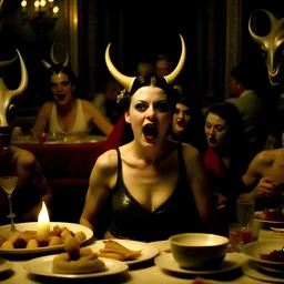 Movie shot, spooky, ultra realistic distress, horns macabre ritual dining, mask, ultra realistic hot woman, pieces of meat silver organic dynamic anguish, excited and lively scene, hot women, hypermaximalist figures, creepy, Alfred Hitchcock, Sam Raimi, insanely detailed, sinister, ornate