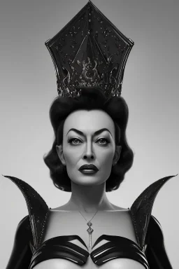 Joan Crawford as evil queen in black leather, busty, cleavage, dominatrix, curvy, angry, stern look. unreal 5, octane render, cinema4d, dynamic lighting, dramatic lighting, 4k, redshift render, highly detailed, hyper realistic,anthropomorphic