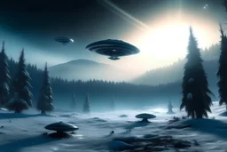 Image of aliens declaring war in there ufo in winter in the morning