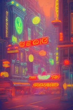 Art deco style architecture cityscape, neon lights, vibrant billboards, traffic