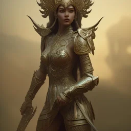 badass female goddess of war, beautiful figure, wearing form fitting armor, intricate filigree metal design, mythpunk, medievelpunk, full body portrait, cinematic, dramatic lighting, unreal engine 5, 8k, Highly realistic. Volumetric lighting. Light halation, by Hyung-tae Kim and Krenz Cushart Artstation and artgerm, Artwork by Guweiz, Peter Mohrbacher, Artgerm and Mark Brooks, unreal engine 5 highly rendered, epic composition, motion blur. Glim lighting. Highly realistic