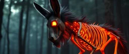 radiant werewolf donkey thick Skeleton with lotsa fluffy fur, motion blur background dark forest