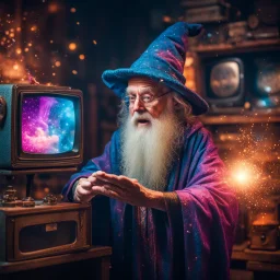 wise friendly wizard with great knowledge casting spell against an old television, confused face, bright vibrant colors, glowing sparkle particles, dark tone, sharp focus, high contrast, 8k resolution, incredible depth, shallow depth of field, dramatic lighting, beautifully intricate details, clean environment, epic dynamic scene