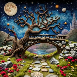 Photograph hasselblad h6d400c --ar 85:128 --v 6.0 of a fairy old bewitched bridge, tree, made of felt, art, 3d deep field, wide angle landscape scene, Yves Tanguy, galaxies and planets, needlepoint, abstract silhoutte, expressionist style, colorful holiday