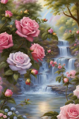 Trés belles roses, rainbows, beautiful colors gardens , flowers, cascades; beautiful girls