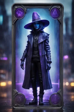 sacred geometry framed playing card, black, blue and purple noen cyber punk dancer thief in soaked rain coat and cowboy witch hat shadows boss card in the style of Giger and fallout 4 ,,bokeh like f/0.8, tilt-shift lens 8k, high detail, smooth render, down-light, unreal engine