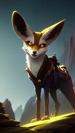 Fennec like creature, big furry tail, golden fur, dark nose, pointy dark ears, big eyes, in desert. D&D, fantasy, intricate, elegant, highly detailed, digital painting, artstation, octane render, concept art, matte, sharp focus, illustration, hearthstone, art by Artgerm and Greg Rutkowski and Alphonse Much