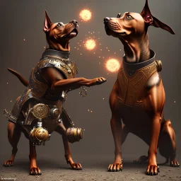 Chiens avec armure steampunk, combat de chiens dans une arène , doberman