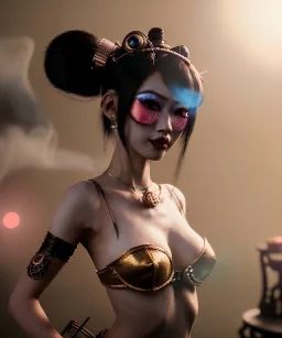 Ultra realistic, steampunk , , cabaret scene. Geisha Asian woman. alien, smoke, happy, color fog, people background, highly detailed, concept art, unreal engine 5, god rays, ray tracing, RTX, lumen lighting, ultra detail, volumetric lighting, 3d, finely drawn, high definition, high resolution.