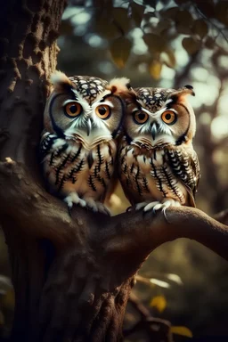 Photography of realistic owls in a tree with romantic heart carved in the tree