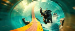 bear ant eater hi speed elephant floating in 4 dimensional platform game in a water slide, goa trance movie poster, stylized art, pin hole photo, motion blur