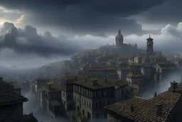 A dark, disrepaired medieval city in the clouds