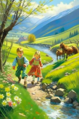 Spring in skåbu, sun, close up portrait of cute children walking in mountains by stream, horse caterpillar, prize winning oil painting,book cover illustration