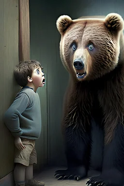 Suprised bear infront of boy