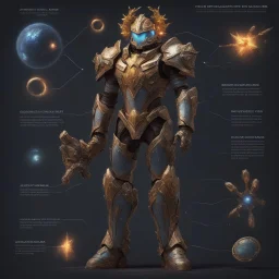 A battle suit made of galaxies and stars with a glove that has seven endless stones Battle armor from the extract of galaxies Battle armor from the extract of galaxies with a fiery sword ,God-like man with infinite power who owns the galaxies and wears a beautiful crown