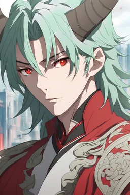 Man with light green hair, buffalo horns, vivid red eyes, dull red silk Oriental clothes, worried, cityscape background, RWBY animation style