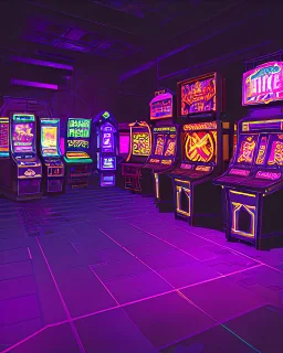 A dark photo of the corners of an 80's aesthetics arcade at night, with a lot of functioning arcade machines, a vaporwave floor and some colorful tiles in between the floor. Purple aesthetics. There are some pizza boxes over some of the arcade machines