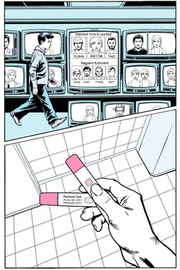 uncolored comic book page: top panel(ban walking past a display of televisions on which a bulletin of wanted criminals mugshots appears), bottom panel(pov a woman's hand holding a pregnancy test that shows a positive result, tile floor below), panels divided at an angle