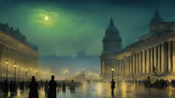 Trafalgar Square in London at night, darkness, year 1850, style john atkinson grimshaw, beautiful photographic quality image, excellent composition