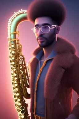 steampunk , saxophone player, caucasian man, afro hair, neon sign spelling 'Saxman', post-apocalytic setting, volumetric lighting, particals, intricate detail,realistc, close up