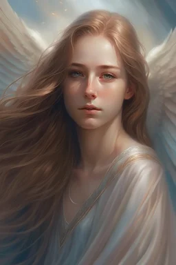 A realistic portrait of an Angel floating over Arcadia with long Aubern hair