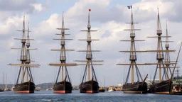 A seaport with several tall sailing ships docked, their masts and rigging visible against the sky. The ships appear to be from the 19th century, with wooden hulls and multiple masts. The scene suggests a busy maritime port from that historical period