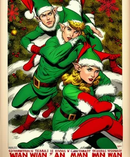 two elves. woman and man. stand apart. Christmas scene. poster. marvel comic. low-key