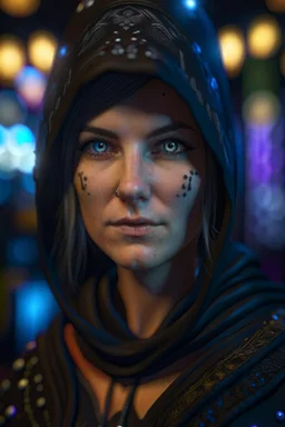 portrait ninja witch at narcissist bingo, photo-realistic, shot on Hasselblad h6d-400c, zeiss prime lens, bokeh like f/0.8, tilt-shift lens 8k, high detail, smooth render, down-light, unreal engine 5, cinema 4d, HDR