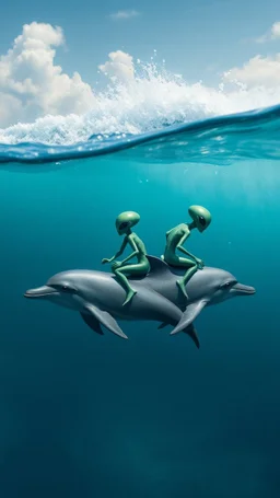 2 Aliens riding on 2 dolphins in the ocean with high waves