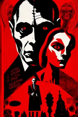 Mikhail Bulgakov’s The Master and Margarita, red background, black, white figures, bizarre, surreal, plakat by Jean Carlu