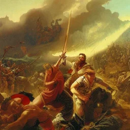 Priest smiting demonic Warlord,armies battling in the background, romanticism.