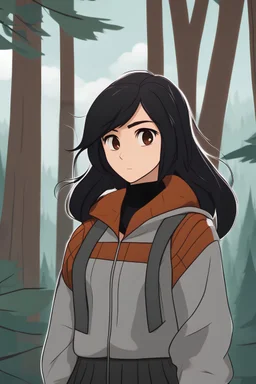 Young latino woman with shoulder length raven hair, and brown eyes, wearing a sweater, smirking, forest background, RWBY animation style