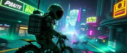 cyberpunk space city, in valley, A space priest rogue cowboy biker astronaut with disco ball rocket backpack named Dave started doing the splits, Blew a fuse in his hips and short-circuited his bits, The Martian fluffy gremlins went wild, the Plutonians dogs screamed, Even black-and-white aliens turned ultraviolet green! in the style of fallout 4 and HR Giger, background motion blur , and volume fog spot lights