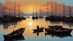 beautiful seascape, sunrise presents the blue and calm sea with some boats. People are busy and near the boats that are docked, a silhouette and detailed structures of the city are represented, in a beautiful sunrise and its reflection in the calm waters. Beautiful