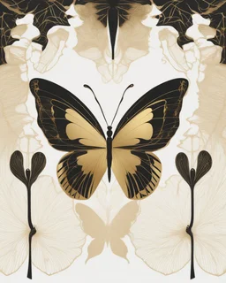 Mesmerizing minimalist illustration features an elegant, meticulously crafted golden butterfly. The simple yet sophisticated design contrasts sharply with a black background. The butterfly's wings exhibit a harmony that shows the artist's mastery in fusing typography and visual art. This striking piece radiates a sense of refined elegance and sophistication, captivating the viewer's attention with its subtle complexity.