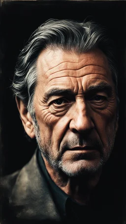 Radiant black background. Robert de Niro , top view camera, art by Deborah Turbeville, wide angle lens, Alessio Albi, Paul Strand, Russ Mills, (tiny details:1.5), close-up, fast shutter speed, defined direction, studio lighting, kodachrome warm, masterpiece, hyper detailed, distortion, hipstamatic, bokeh,
