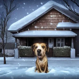 portrait of sad, scared, lonely dog tied with a chain in front of house, winter, 8k resolution, high-quality, fine-detail, intricate, digital art, detailed matte, volumetric lighting, illustration, 3D octane render, brian froud, howard lyon, selina french, anna dittmann, annie stokes, lisa parker, greg rutowski