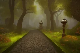 wooded forest cobblestone path lantern