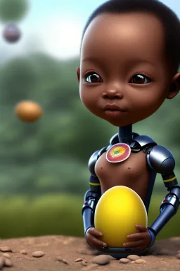 african baby inside egg, 3d, village, robot, 8k quality